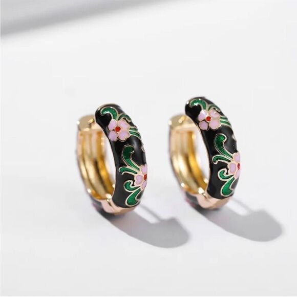 Floral Enamel Hoop Earrings N1084 - Picture 1 of 5